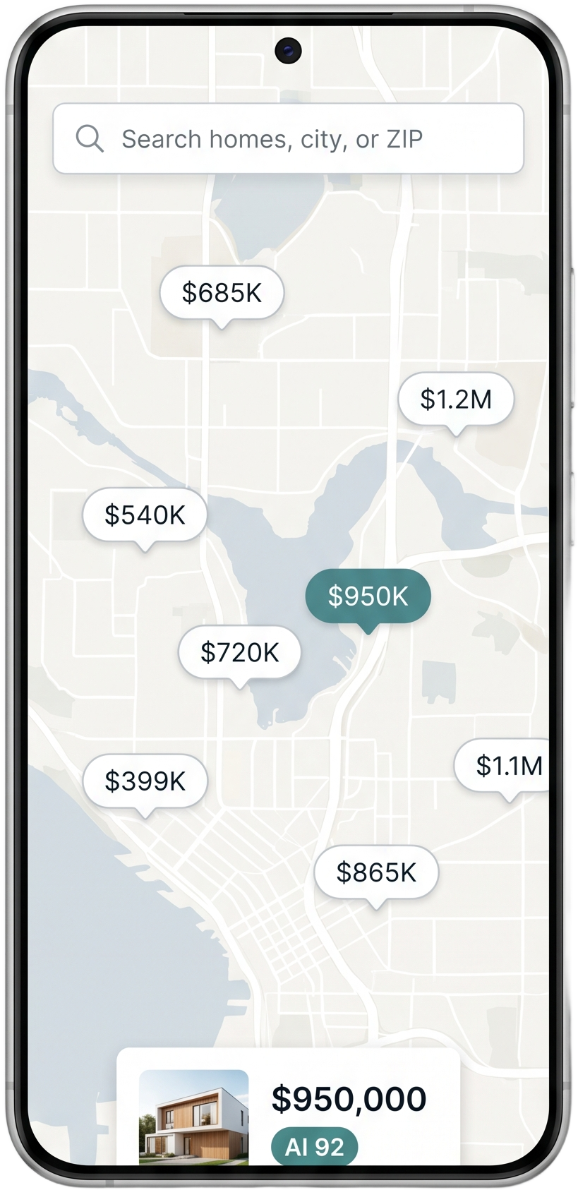 The Invisihome app map view, showing investment homes priced across a city