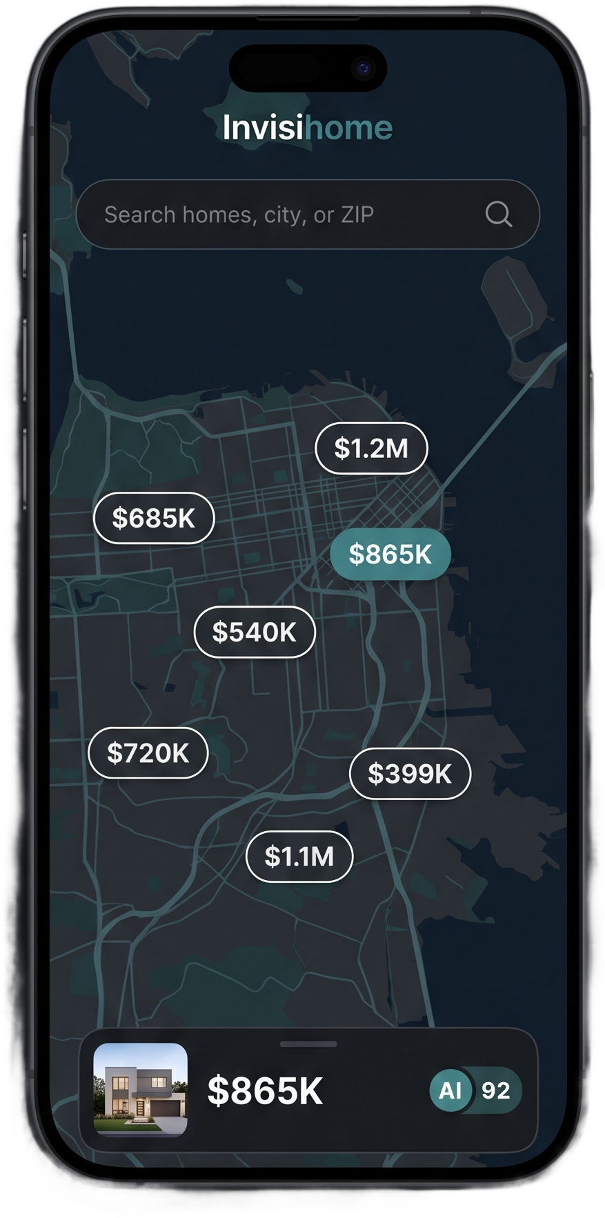 The Invisihome app map view, showing investment homes priced across a city