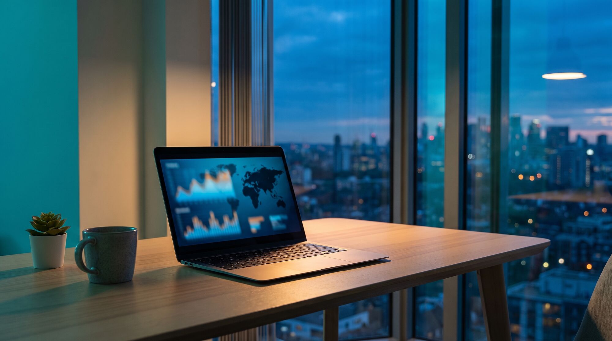 A laptop showing investment charts on a desk overlooking a city skyline at dusk