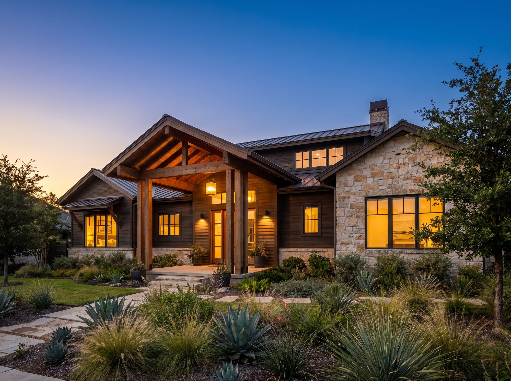 Craftsman-style home at 1284 Maple Ridge, Austin, Texas at dusk