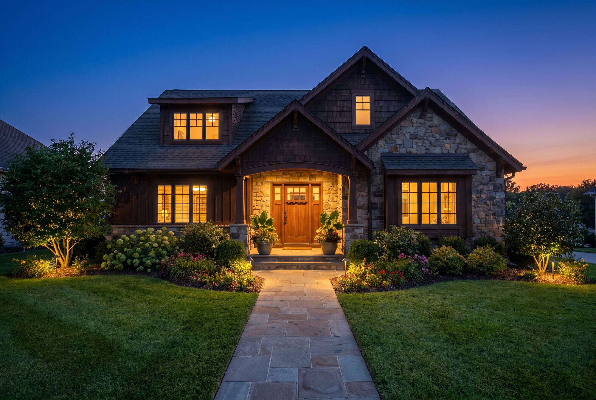 A warmly lit craftsman home with manicured landscaping at dusk