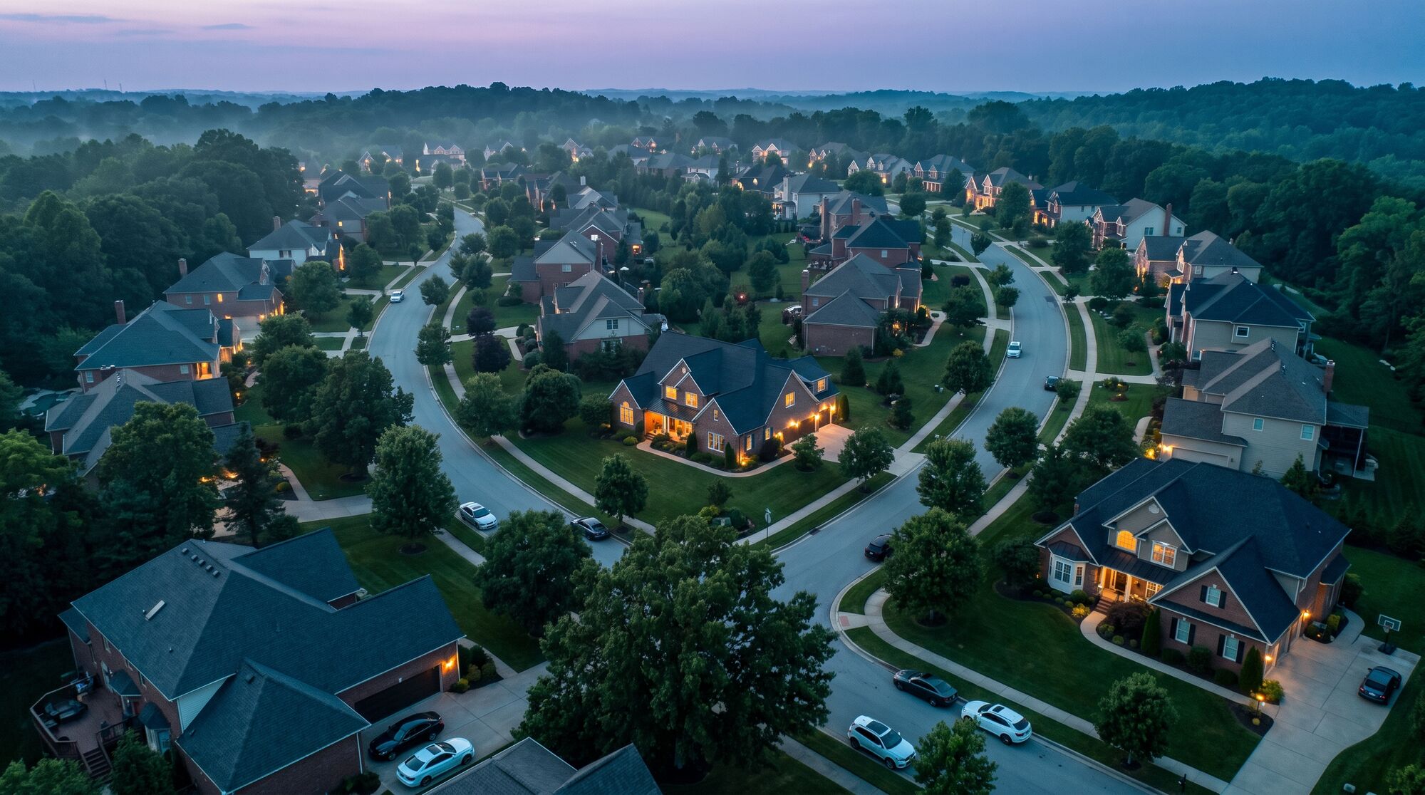 Aerial view of an upscale suburban neighborhood at dusk with lit homes